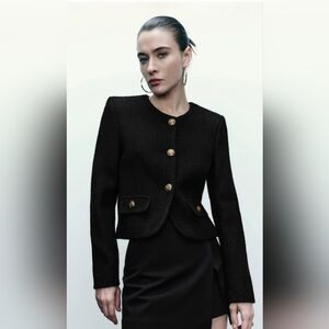 URBAN revivo Tweed Jacket With Fake Pockets Large will fit Small/Medium Black